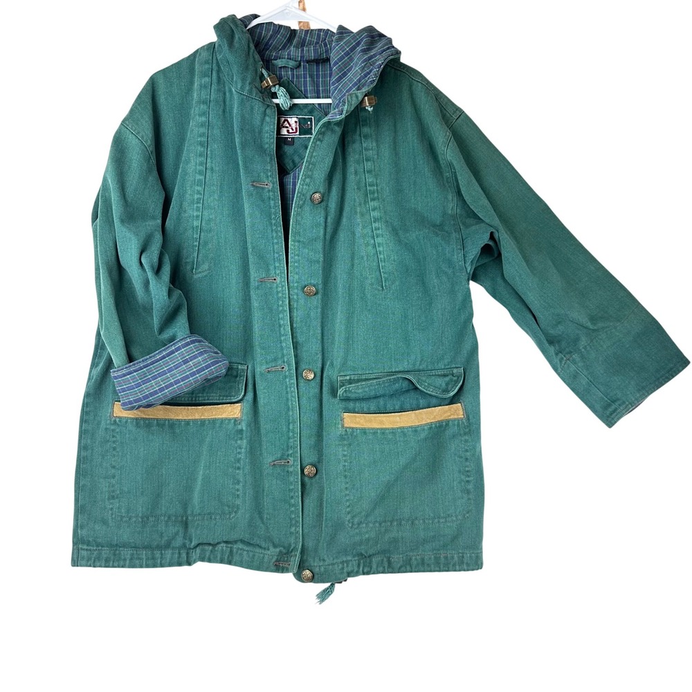Andy Johns Barn Jacket Womens Denim Parka M Chore Green Plaid Lined Cotton VTG